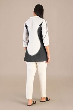 Black, ivory colorblock shirt with paisley print. Paired with pant. - Aza Fashions White Cotton Sets For Workwear, Elegant Cotton Pant Set For Work, Elegant Fitted Cotton Pant Set, Fitted White Cotton Pant Set, White Casual Pant Set For Work, Casual White Pant Set For Work, Fitted Cotton Sets In Off White, Fitted Cotton Off White Sets, Colorblock Shirt