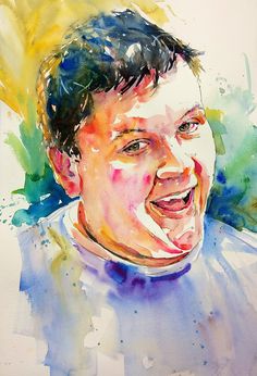 a watercolor painting of a man with his mouth open and tongue out, laughing