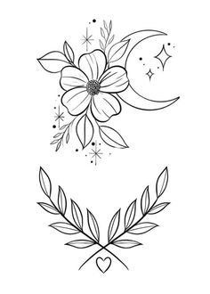 a flower with leaves on it and the moon in the sky behind it, drawn by hand