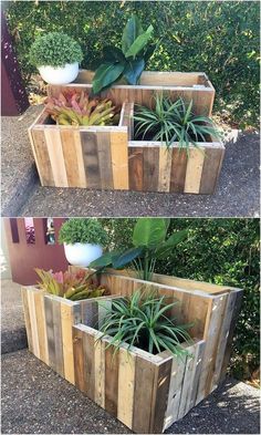 two wooden planters with plants in them