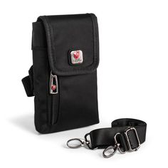 a small black pouch with two silver metal hooks on the front and one has a lanyard attached to it