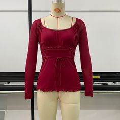 Autumn Gauzy Lace Solid Color Long-sleeved Top Sexy Temperament Pullover Bow Shirt Red Plain Long Sleeve Tops, Red Long Sleeve Y2k Top, Fitted Red Tops With Lace Trim, Vintage Red Long Sleeve Top, Red Long Sleeve Shirt With Button Closure, Type Collage, Red Lace Top, Pattern Collage, Bow Shirt