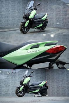 three different views of a green and black scooter