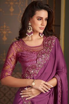 Larissa Bonesi Purple Color Satin Silk Fabric Ravishing Border Work Saree Light Color Saree, Saree With Designer Blouse, Engagement Saree, Purple Saree, Salwar Dress, Wedding Silk Saree, Lehenga Collection, Party Wear Indian Dresses, Designer Blouse