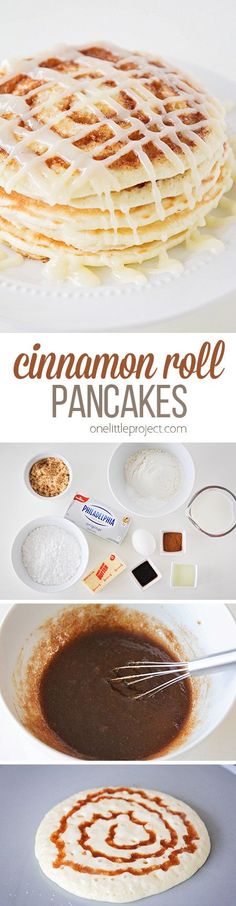 cinnamon roll pancake recipe with chocolate sauce on the top and vanilla icing on the bottom