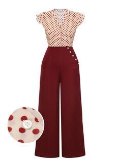 [Pre-Sale] 2PCS 1950s Red Polka Dot Blouse & Burgundy Pants – Retro Stage - Chic Vintage Dresses and Accessories 1950s Pants, 40s Outfits, 1950’s Style, Inspired Clothes, Clothing Reference, Burgundy Pants, Vintage Romper, Fantasy Closet