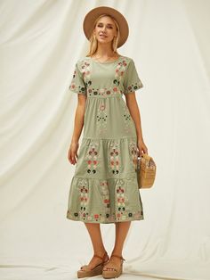 Women's Dresses | Cheap Maxi, Midi & Mini Dresses for Sale - Azzlee Midi Dress Green, Polka Dot Maxi Dresses, Floral Print Pants, Maxi Dress Sale, Glamorous Dresses, Round Neck Dresses, Midi Dress Casual, Crewneck Dress, Midi Short Sleeve Dress