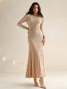 Women Solid Color Waisted, Fishtail Hem Ribbed Knit Sweater Dress Apricot Elegant  Wrist-Length Sleeve Knitwear Plain  Medium Stretch  Women Clothing, size features are:Bust: ,Length: ,Sleeve Length: