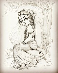 a pencil drawing of a woman sitting on the ground next to a tree and bird