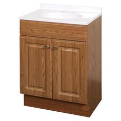 a bathroom vanity with a white sink and wooden cabinet doors on the front, isolated against a white background