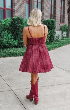 Get ready to turn heads on game day with The Tweed Garnet + Gold Dress! This easy babydoll fit dress is the perfect choice for dressing up while still showing off your team spirit. Simply add some boots and your favorite game day pin... and you're ready to go! Details: Woven, Tweed Game Day Dress Self: 100% Polyester Lining: 97% Polyester, 3% Spandex Sweetheart Neckline, Adjustable Straps, Babydoll Fit, Invisible Zipper Center Back Color: Garnet and Gold True to size: Student Slim Fit Madi is we Casual Gingham Mini Dress For Fall, Fall Gingham Mini Dress, Uga Game Day, Game Day Dress, Gameday Dress, Garnet And Gold, Fashion Bottoms, Florida State Seminoles, Alabama Crimson