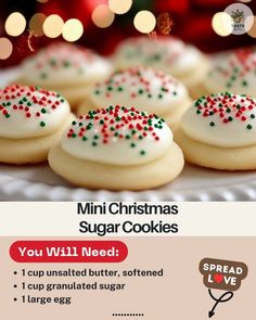 an advertisement for mini christmas sugar cookies with sprinkles on them and the words you will need