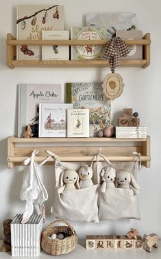 shelves with books, stuffed animals and other items on them in a children's room