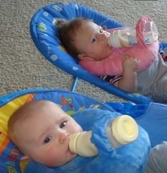 two babies laying on top of blue baby bouncers with the caption,'the bab buddy best bottle holder around use it in cars, high chairs, high chairs, bouncy seats,