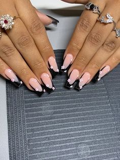 Neutral Nails Acrylic, Black Coquette, Black French Nails, Pink Tip Nails, Black French Tip, Wow Nails, Nails Now, Girly Acrylic Nails, Work Nails