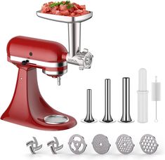 an image of a red mixer and attachments for making food on a white background