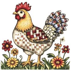 a chicken is standing in the grass with flowers