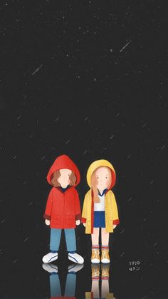 two children are standing in the rain with their hands on each other's hips