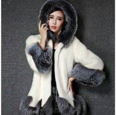 This Is A Pretty White With Gray Faux Fur Coat That Has A Pretty Jeweled Closure At The Top Along With 3 Hook Closures Down Front. The Clasp At The Top Needs To Be Seen In See Pic 6. Armpit To A.P. 21.5", Armpit To Sleeve 16.5", Length Is 33". Pull Cord Inside To Cinch The Waist Has A Little Fraying. Size Tag Missing But I Think Its More Like A M/L. It Has The Name Tag Inside And It Is In Very Good Condition. Patchwork Fur Coat, Color Block Coats, Long Fur Coat, Faux Coat, Faux Fur Hooded Coat, Womens Faux Fur Coat, Fur Hood Jacket, Plush Coat, Hooded Faux