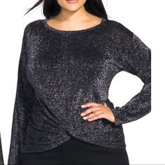 New With Tags City Chic Long Sleeve Knotted Sweater. Black, Metallic Crew Neck. Women’s Plus Size Large 20. Chic Silver Tops For Winter, Elegant Black Shimmer Tops, Chic Silver Tops For Fall, Silver Top For Winter Night Out, Silver Tops For Winter Night Out, Elegant Silver Winter Top, Elegant Silver Tops For Winter, Knotted Sweater, Knot Sweater