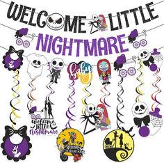 a welcome sign with halloween decorations hanging from it's sides and the words, welcome to me little nightmares