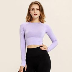 Size Small Light Purple Thumb Hole Super Soft Winter Yoga Fitted Tops, Fitted Yoga Tops For Winter, Purple Long Sleeve Stretch Crop Top, Purple Stretch Long Sleeve Crop Top, Purple High Stretch Long Sleeve Top, Purple High Stretch Long Sleeve Activewear, Purple Long Sleeve Activewear For Spring, Purple Athleisure Tops For Winter, Purple Long Sleeve Activewear For Yoga