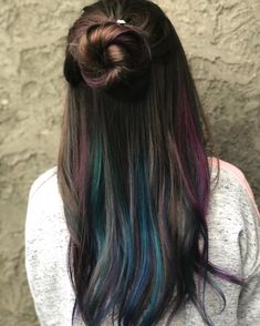 Dark Brown Hair With Fashion Color, Pops Of Color Hair, Hidden Hair Color, Peekaboo Hair Colors, Underlights Hair, Peekaboo Highlights, Dyed Hair Pastel, Peekaboo Hair, Hair Color Highlights