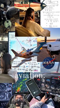 the collage shows many different types of planes and people in their aircraft cockpits