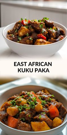 two pictures with different types of food in them and the words east african kuku paka