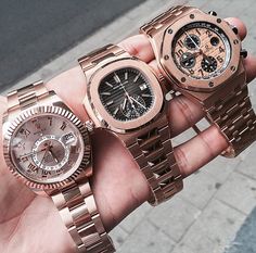 18k Rose Gold Fever ! Rolex Skydweller, Patek Philippe Nautilus Chronograph, and Audemars Piguet Royal Oak Offshore Chronograph. Patek Philippe Rose Gold, Would You, Der Gentleman, Audemars Piguet Watches, Amazing Watches, Expensive Watches, Wrist Game, Hand Watch, Luxury Timepieces