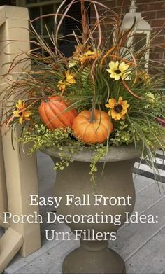 Fall Urn, Fall Flower Pots, Fall Cabin, Porch Planter, Fall Pots, Front Porch Decorating Ideas, Porch Pots, Fall Yard Decor, Fall Landscaping