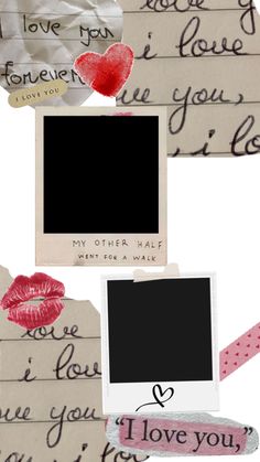 collage of photos with love notes and lipstick on them, including a photo frame