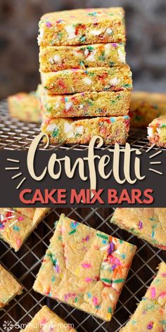 confetti cake mix bars stacked on top of each other