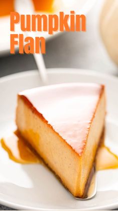 a slice of pumpkin flan on a white plate