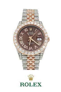 $40,000.00 Off Saving 58%. This eye catching Iced Out Two Tone Rolex Oyster Perpetual Datejust Mens Diamond Watch is made of solid 18K rose gold and stainless steel and showcases 21 carats of dazzling VS/SI clarity diamonds masterfully set in a bezel, sides, dial, band and clasp of this amazing Rolex watch. Featuring a fully iced out look, this unique Rolex watch has an exquisite dial with roman numerals encrusted with diamonds. This Rolex watch is conveniently water resistant to 30 m (100ft). Rolex Datejust Ii, Diamond Watches For Men, Oyster Perpetual Datejust, Gold Watch Men, Big Diamond, Rose Gold Watches, Diamond Simulant, Rolex Oyster Perpetual, Unisex Bracelets