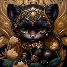 a painting of a black cat with gold accents on its face and chest, surrounded by flowers