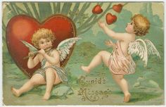 two cherubs with hearts in the background, one holding a heart and the other kneeling down