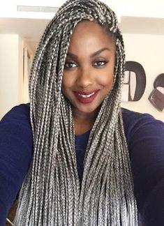 Silver Grey Braids Black Women, Grey Knotless Box Braids, Gray Braids For Black Women, Grey Hair Braids Black Women, Grey Braids For Black Women, Salt And Pepper Braids Black Women, Gray Box Braids