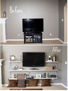 before and after pictures of a living room with built - in shelving, tv on the wall