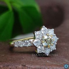 a diamond ring sitting on top of a table next to a green leafy plant