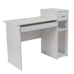 a white desk with an open drawer on the top and one drawer at the bottom