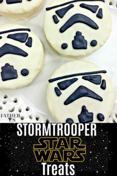 star wars cookies with white frosting and blue icing