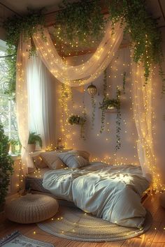 an unmade bed with white sheets and lights on the headboard is surrounded by greenery