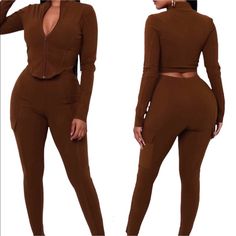 Pockets On Side Of Leggings True To Size Fitted Sets With Pockets And Long Pants, Fitted Long Pants Sets With Pockets, Fitted Sets With Pockets In Long Pants, Trendy Fitted Brown Set, Fall High Waist Fitted Sets, Fitted High Waist Sets For Fall, Fitted Brown Loungewear Pants, Brown Two Piece, Two Piece Pants Set