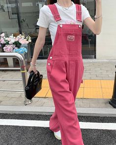 Loose Rose Pink Long Denim Jumpsuit – Nada Outfit Land Pink Overalls Aesthetic, Girly Overall Outfits, Colored Overalls Outfit, Pink Dungarees Outfit, Denim And Pink Outfit, Jumpsuit Outfit Aesthetic, Jumpsuit Overalls Outfit, Colorblock Overalls, Pink Overalls Outfits