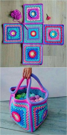 the crocheted bag has been made with yarn