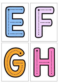 the letters e, f, and g are made up of dotted lines in different colors