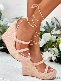 Lasaky - Stylish Lace Up Platform Espadrille Wedge Sandals for Women Lace-up Wedge Sandals For Spring, Lace-up Synthetic Platform Wedge Sandals, Lace-up Platform Wedge Sandals In Synthetic, Lace-up Synthetic Wedge Sandals For Vacation, Beige Platform Lace-up Sandals, Summer Platform Lace-up Sandals, Summer Lace-up Wedge Sandals For The Beach, Lace-up Synthetic Wedge Sandals For Beach, Beige Lace-up Wedge Sandals For Summer