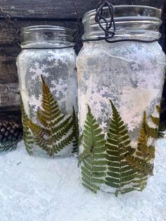 two jars with plants painted on them sitting in the snow next to pine cones and branches