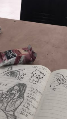 an open book sitting on top of a table next to a pencil and eraser